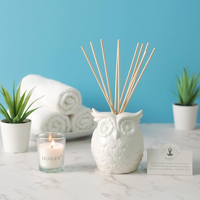 Hosley Aromatherapy Vanilla Diffuser Oil with Ceramic Owl Farmhouse Bottle & Reed Sticks - 110ml Ideal Gift for Home Decor, Bathroom Decor, Room Decor, Spa, Meditation, Weddings