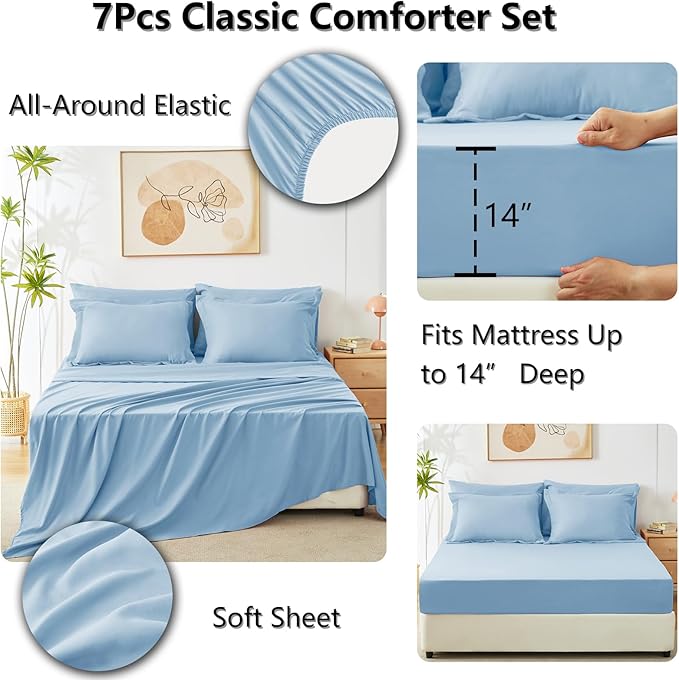 CozyLux Queen Comforter Set Baby Blue - Bed in a Bag Queen Size 7 Pieces, Luxury Soft Bed Set for All Seasons, Bedding Set with Down Alternative Comforter, Sheets, Pillowcases & Shams