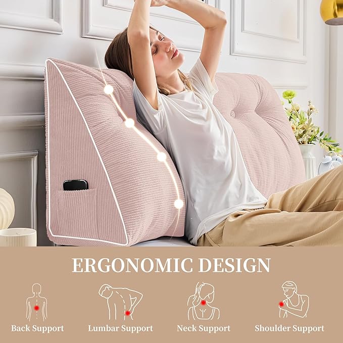 Sasttie Headboard Pillow Full, Wedge Pillow Headboard for Sitting Up in Bed, Back-Rest Support Triangular Cushion for Reading - Features Removable Washable Cover, Pink