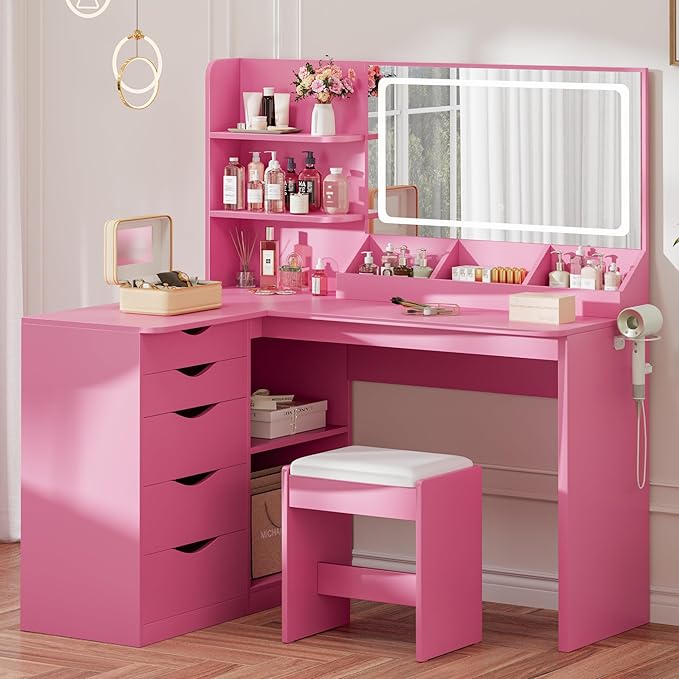 Furmax Vanity Desk with Mirror, L Shape Vanity, LED Lighted Mirror, with Power Outlet and 3 Storage Shelves, Makeup Table with 5 Drawers, 3 Color Modes, for Bedroom(Pink)