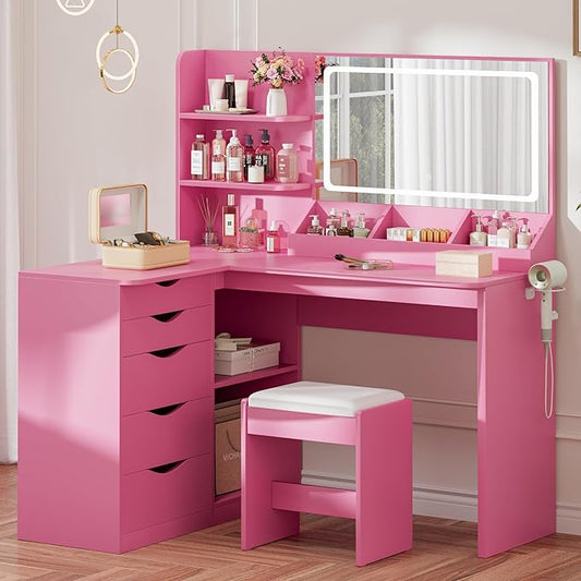 Furmax Vanity Desk with Mirror, L Shape Vanity, LED Lighted Mirror, with Power Outlet and 3 Storage Shelves, Makeup Table with 5 Drawers, 3 Color Modes, for Bedroom(Pink)