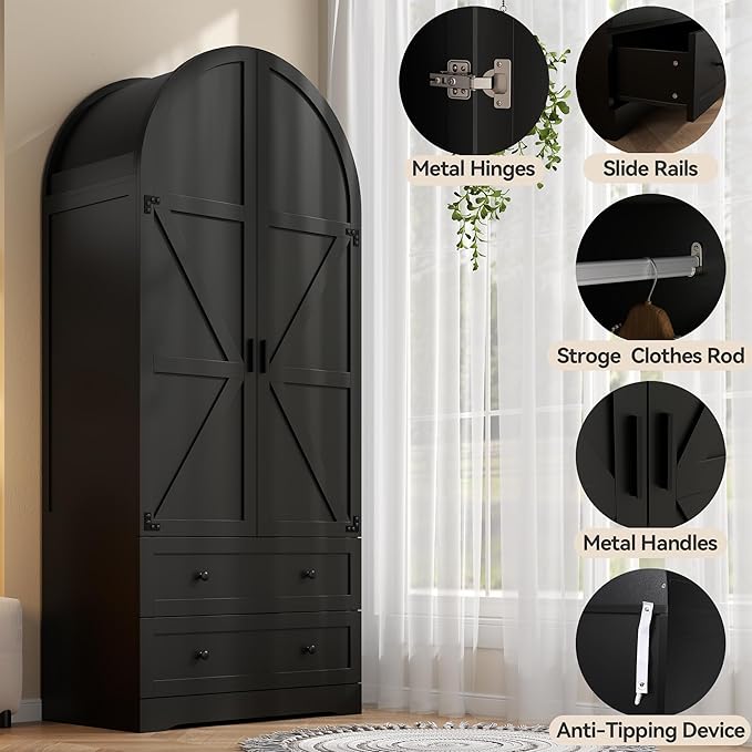 Black Armoire Wardrobe Closet,Wooden Wardrobe with 2 Doors and 2 Drawers,Bedroom Freestanding Armoire Storage Cabinet with Hanging Rack,Wardrobe Storage with with Hanging Rod for Bedroom, Cloak Room