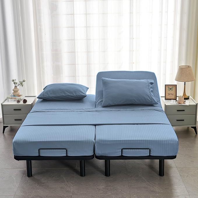 Kingnex Striped Split California King Sheets Sets for Adjustable Bed with Deep Pocket 5 Pieces Include 2 Cali Twin XL Fitted Sheets 1 Flat Sheet 2 King Size Pillowcases Blue