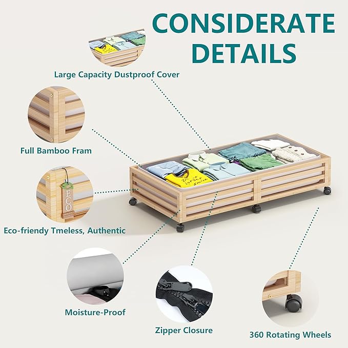 Wisuce Bamboo Under Bed Storage Containers- Underbed Organizer with Wheels with Dust Bag,Sturdy Wood Rolling Under the Bed Shoe Storage Organizer Drawers (Nature, 2 Pack (33.07"×16.54"))