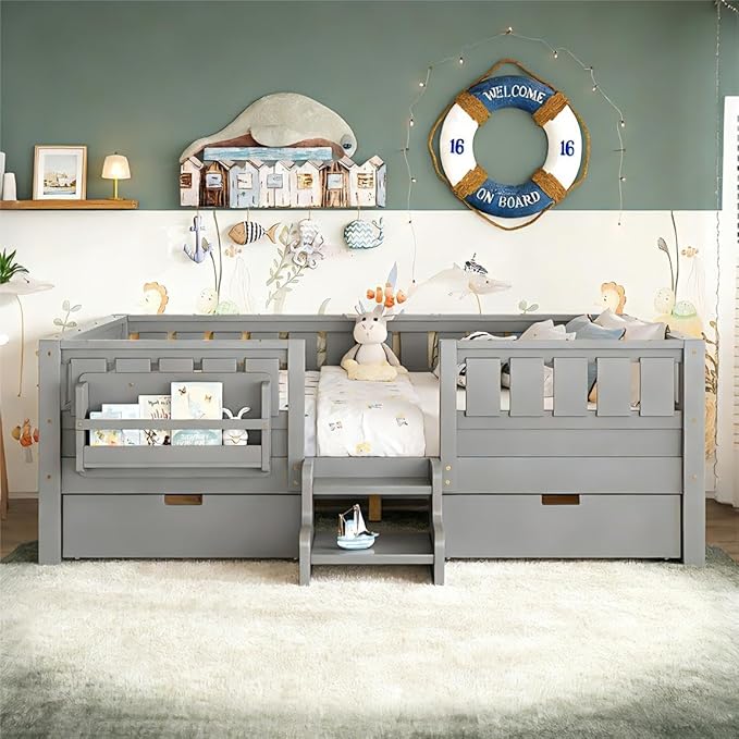 Bellemave Full Size Bed Frame with Storage Drawers & Bookshelf, Low Profile Kids Bed with Staircase & Full Length Guardrails, Solid Wood Full Size Bed Frame Kids with Slats Load 450 LBS, Grey