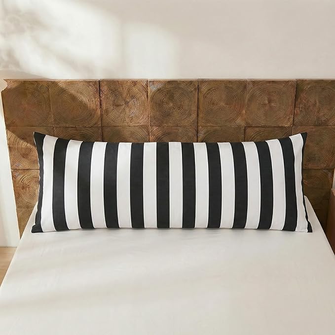 Merryword Body Pillow Cover 20x54inches, 100% Cotton Pillow Case, Black and White Striped Pillowcase, Luxury Linen Like Pillowcase, Soft Breathable Wide Stripes Long Pillowcase, 1-Piece