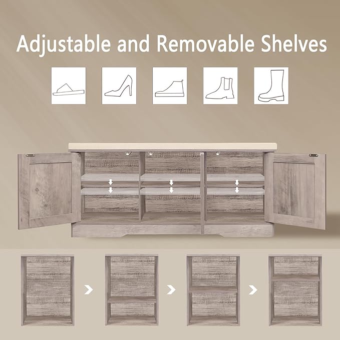 DINZI LVJ Shoe Bench, Entryway Storage Bench with Doors, Cushion, 2-Tier Shoe Rack with 6-Cubby, 39.4”L x 13.8”W Shoe Organizer Cabinet, Adjustable Shelf, Living Room, Bedroom, Greige