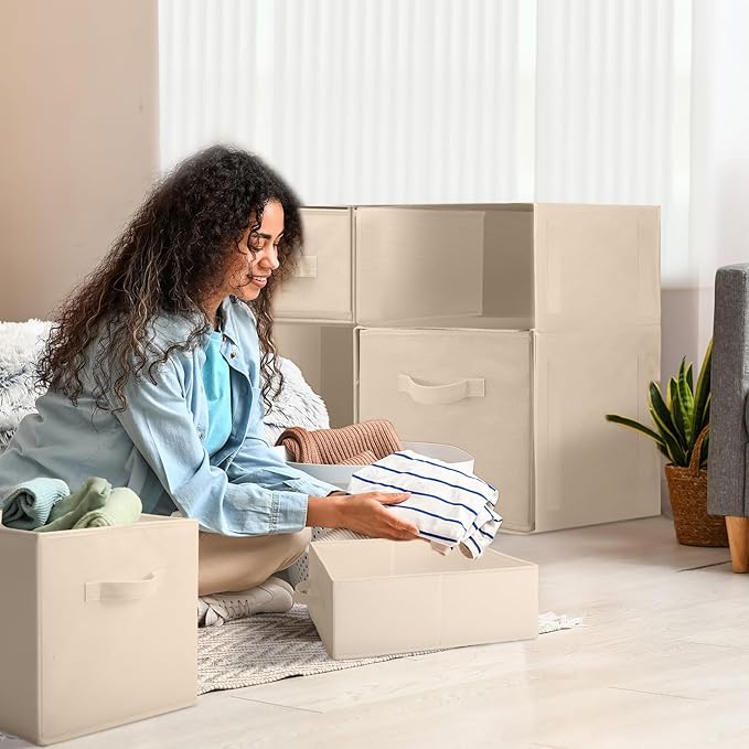 Weysat 4 Cube Stackable Under Dorm Bed Storage Container Foldable Closet Drawer Organizer Fabric Storage Cube Bins for Dorm Essentials College Closet Bedroom Living Room Nursery(Beige,18.5 Inch)
