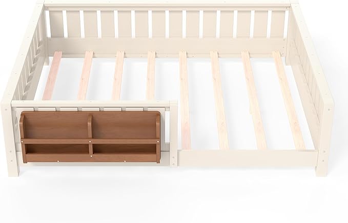 Bellemave Full Size Kids Montessori Bed with Bookshelf,Solid Wood Full Floor Bed Frame with Fence and Slats for Girls Boys,Low-Profile,Beige
