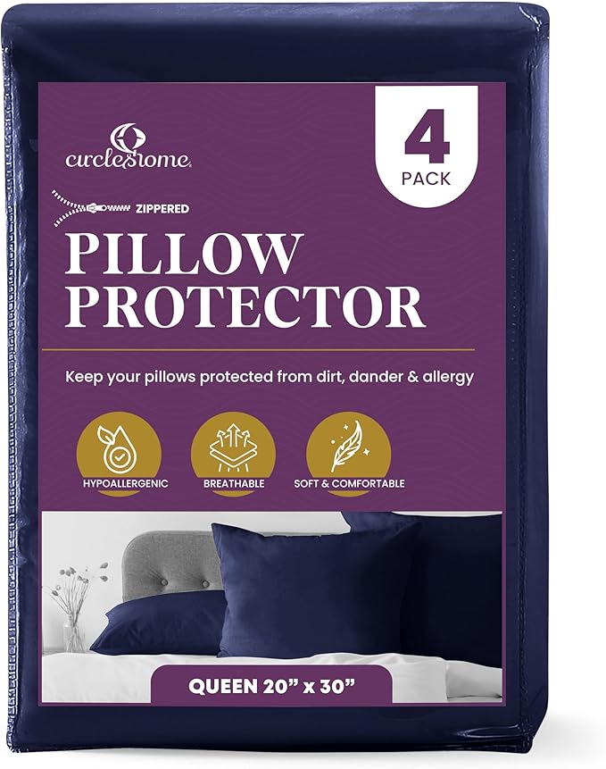 CirclesHome Pillow Protectors 4 Pack Queen Zippered - 100% Cotton Breathable Pillowcases - Protects Pillows from Dirt, Dust and Debris (Queen- Set of 4 - 20x30)