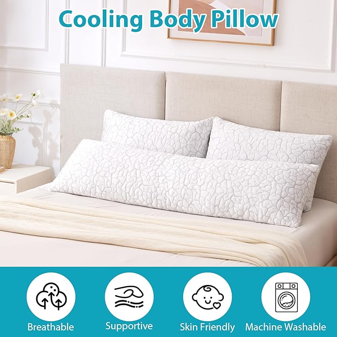 Cooling Body Pillow for Adults, Shredded Memory Foam Full Body Pillow with Adjustable Loft & Removable Washable Cover, Long Bed Pillow for Side Sleepers, Back Pain Relief (20x54 Inches)