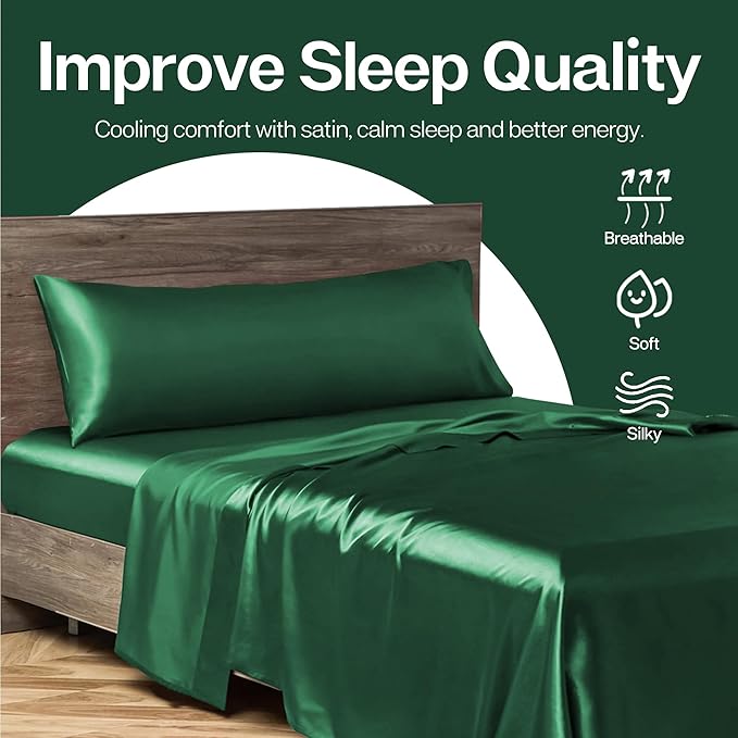 MR&HM Satin Body Pillow Cover, Soft and Breathable Body Pillow Case with Envelope Closure, Cooling and Silky Long Pillowcase for Hair and Skin (20x54, Dark Green)