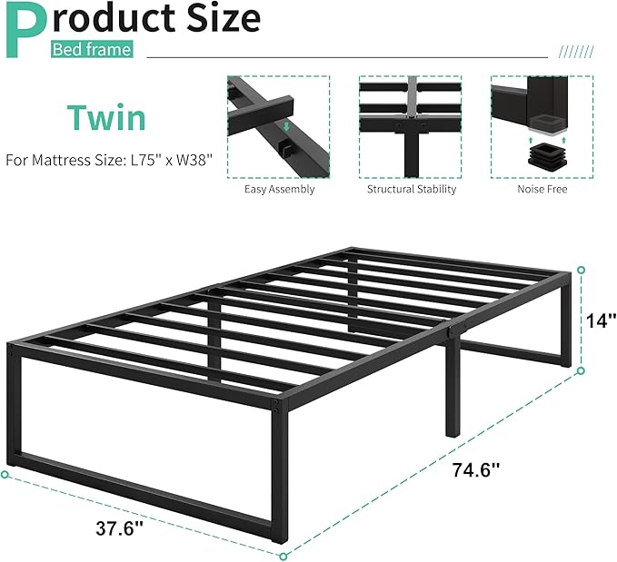 Lutown-Teen 14 Inch Twin Bed Frames Heavy Duty Metal Twin Size Platform Bed Frame No Box Spring Needed, Noise Free, Easy Assembly, Black