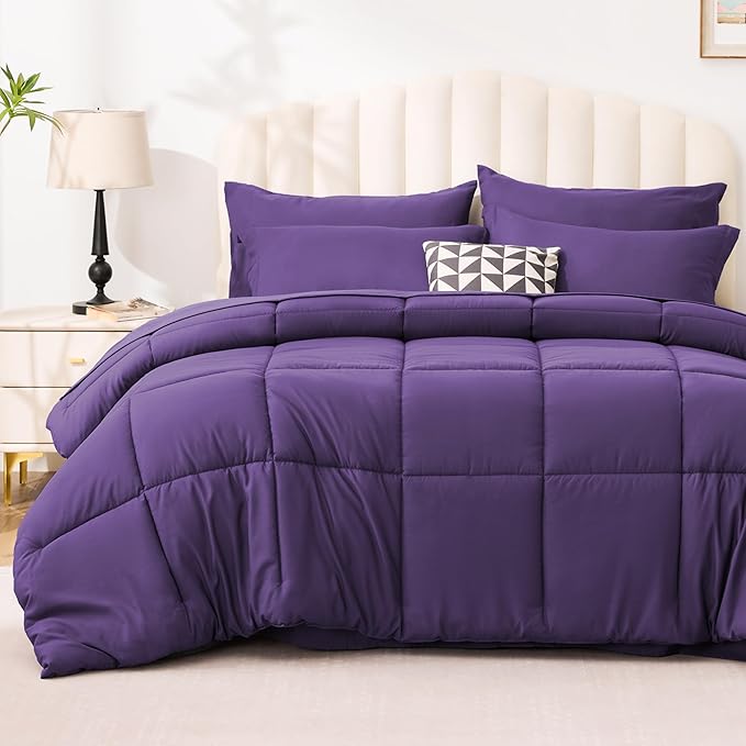 Love's cabin Queen Comforter Set Dark Purple, 7 Pieces Queen Bed in a Bag, All Season Bedding Sets with 1 Comforter, 1 Flat Sheet, 1 Fitted Sheet, 2 Pillowcase and 2 Pillow Sham | Soft, Breathable, Lightweight, Comfortable