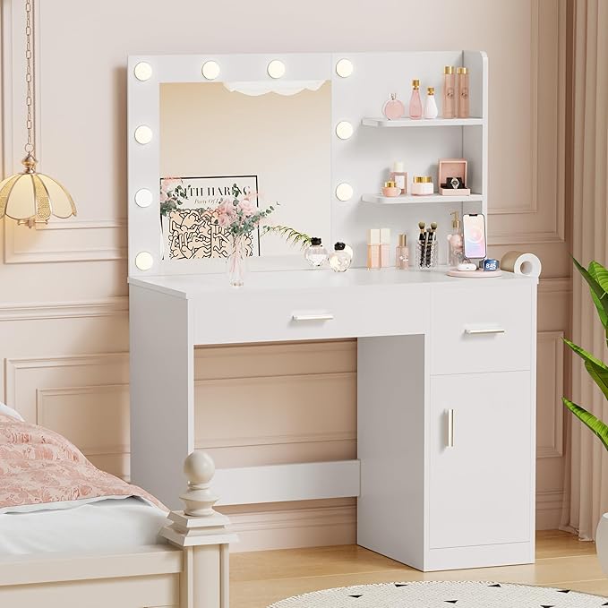 YESHOMY Vanity Desk with Mirror, 10 Lights, Power Outlet and 3 Storage Shelves, Makeup Table with 2 Drawers & 1 Cabinet, 3 Color Modes, for Bedroom, White