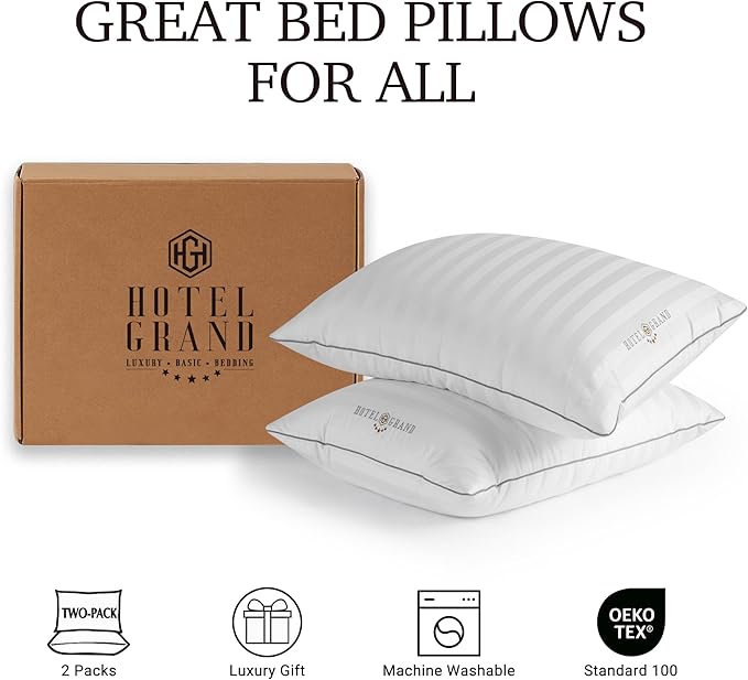 Hotel Grand White Feather Down Pillows King Size Set of 2 Packs Bed Pillows Medium Firm Hypoallergenic 100% Cotton Breathable Hotel Collection Back/Side Sleeping Pillows,36"x20"/2 Packs