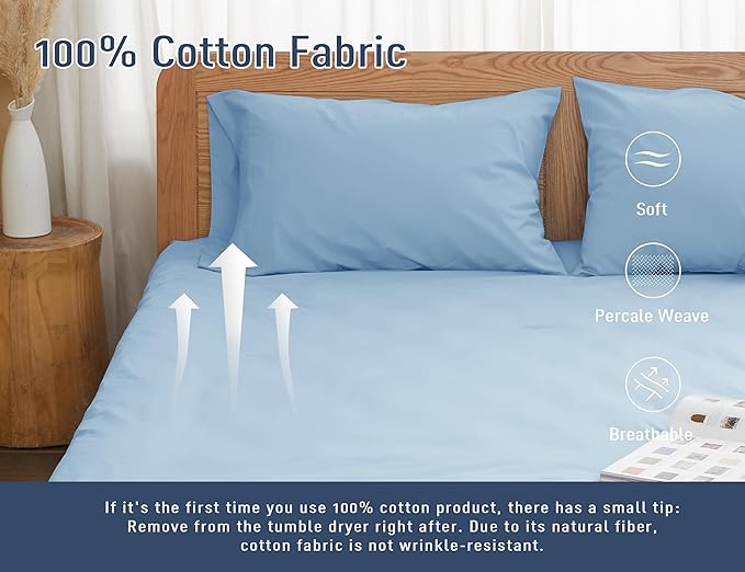 Pillow Cases, Standard Queen Size Cotton Percale Weave Pillowcases, Pre-Shrunk Breathable and Hypoallergenic Pillowcases, Set of 2 (2 Piece Standard/Queen 20 Inch x 30 Inch, Light Blue)