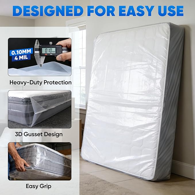 TICONN 1PK Plastic Mattress Bag for Moving Storage, Waterproof Mattress Protector Cover, Heavy-Duty Mattress Moving Supplies (4 mil, Queen)