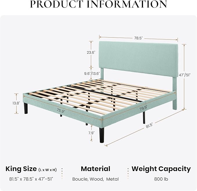 SHA CERLIN King Size Platform Bed Frame with Adjustable Headboard and Wooden Slats Support, Boucle Upholstered Mattress Foundation, No Box Spring Needed, Easy Assembly, Ice Blue
