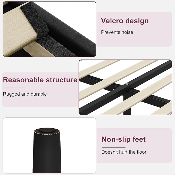 Full Size Bed Frame with Headboard, Velvet Upholstered Platform Bed Frame, Sturdy Slatted Support for Springless Mattresses, Silent Operation, Easy to Assemble, Black