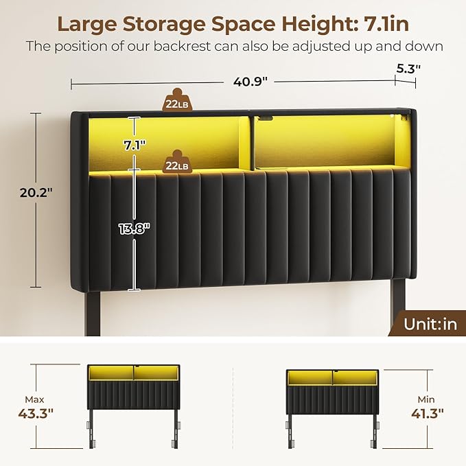 Rolanstar Headboard for Twin Size Bed with Storage, Head Board with USB & Type C Port, 60,000 DIY Color of LED Light, Velvet Upholstered, Height Adjustable, Sturdy, Easy Assembly, Black