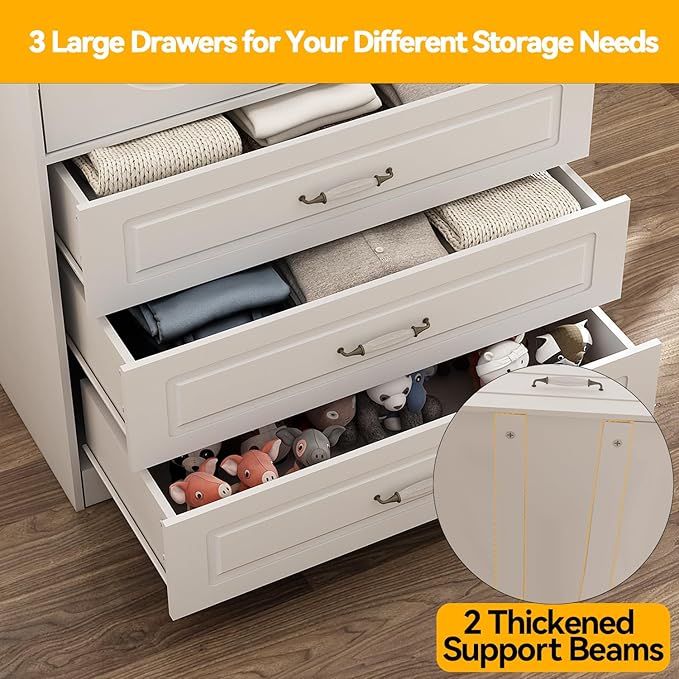FJTJBSI Armoire Wardrobe Closet with 3 Drawers and LED Light 72" Wooden Bedroom Armoire with 2 Doors and Retro Ceramic Door Handles Modern Wardrobe Cabinet with Removable Hanging Rod White