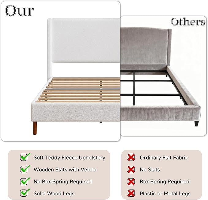Full Boucle Upholstered Platform Bed Frame with Adjustable Wingback Headboard, Cloud Bed with Solid Wood Legs, No Box Spring Needed, Easy Assembly, White