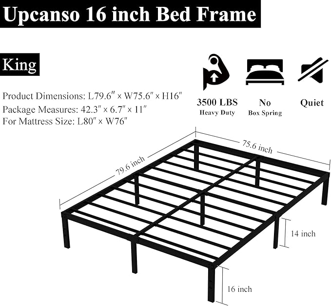 Upcanso 16 Inch King Bed Frame Heavy Duty Metal Platform King Size Bed Frames with 14 Inch Storage, Easy Assembly 3,500 lbs Steel Slats Support Mattress Foundation, Black