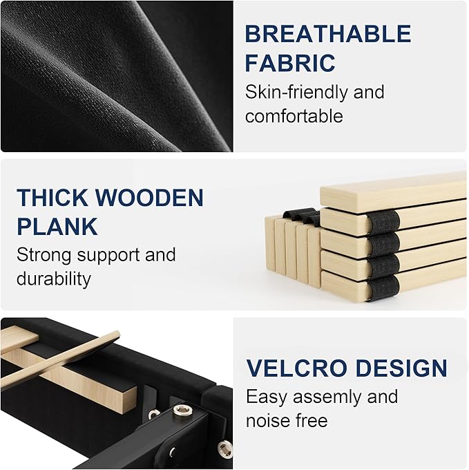 Sismplly Full Bed Frame with Headboard, Velvet Upholstered Full Size Platform Bed with Wingback, Mattress Foundation with Wooden Slat Support, No Box Spring Needed, Easy Assembly, Noise Free, Black