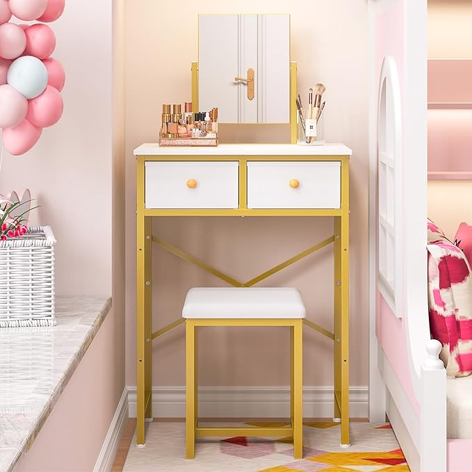 X-cosrack Small Makeup Vanity Desk with Mirror & Chair, Mini Vanity Desk Table Set with Fabric Storage Drawer, 19.7" Compact Vanity Desk for Girls, Dressing Table with Chair for Bedroom, White Golden