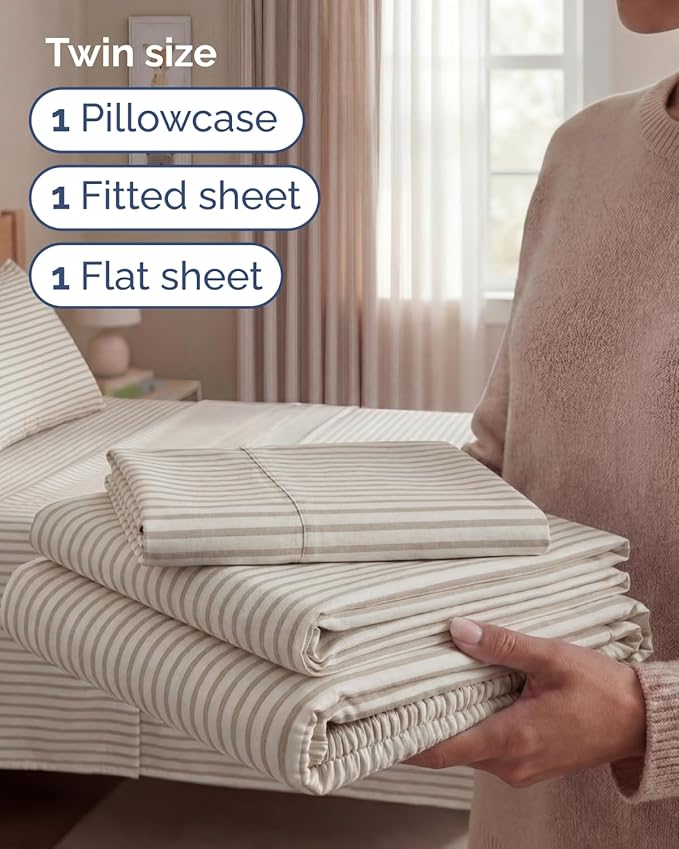 Twin Size 3 Piece Sheet Set - Comfy Breathable & Cooling Sheets - Hotel Luxury Bed Sheets for Women & Men - Deep Pockets, Easy-Fit, Soft & Wrinkle Free Sheets - Beige Stripes Oeko-Tex Bed Sheet Set