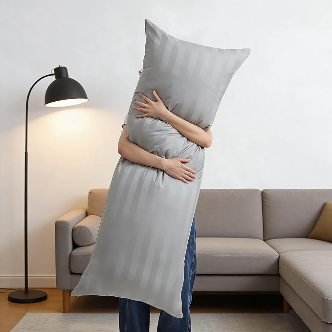 100% Egyptian Cotton Body Pillow Cover Long Pillow Case, 600 Thread Count Bed Pillow Protector with Zipper, Sateen Weave Cooling Full Body Pillowcase for Adults 20x54 Inches (1PC, Body, Striped Gray)