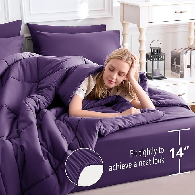 CozyLux Queen Comforter Set Purple, 7 Pieces Bed in a Bag, Purple Comforters Queen Size, All Season Bedding Sets with Stitch Quilted Comforter, Flat Sheet, Fitted Sheet, Pillowcases