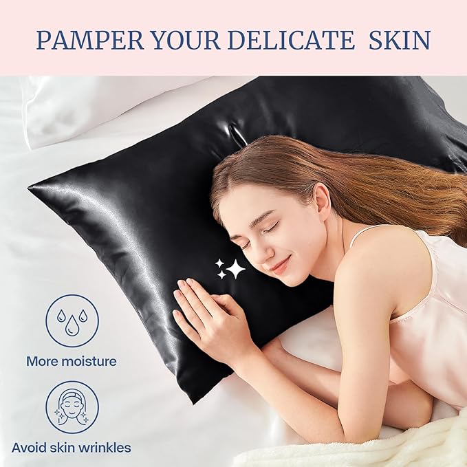 BEDELITE Satin Pillowcase for Hair and Skin, Super Soft and Cooling Similar to Silk Pillow Cases 2 Pack with Envelope Closure, Gift for Women Men(20"x36" King Size, Black)