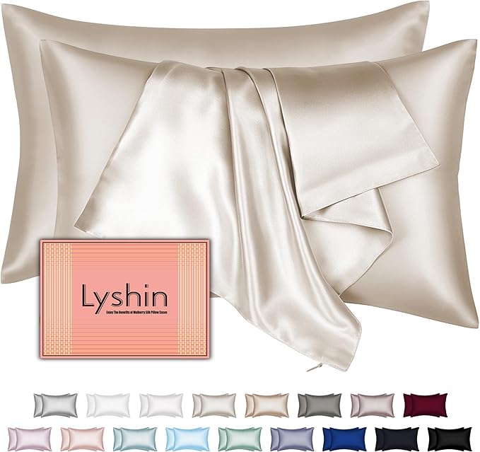 Silk Pillow Cases 2 Pack Standard Size with Hidden Zipper, Mulberry Silk Pillowcase for Hair and Skin, Smooth and Soft Breathable Cooling Silk Satin Pillowcase Set of 2, Gifts for Women，Beige