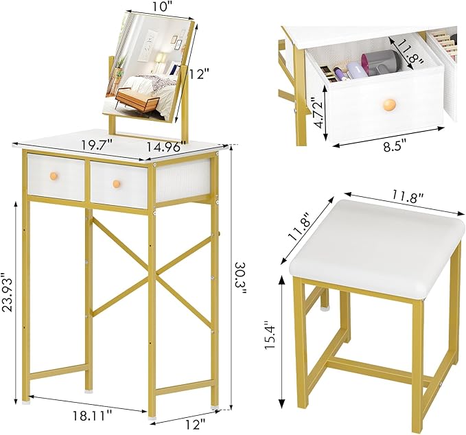 X-cosrack Small Makeup Vanity Desk with Mirror & Chair, Mini Vanity Desk Table Set with Fabric Storage Drawer, 19.7" Compact Vanity Desk for Girls, Dressing Table with Chair for Bedroom, White Golden