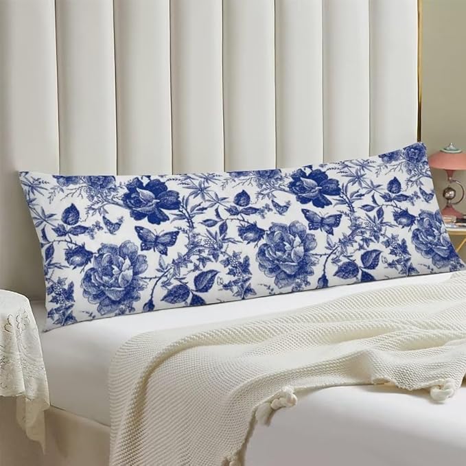 Blue and White Porcelain Floral Body Pillow Cover Modern Vintage Chinoiserie Decorative Long Pillow Case with Zipper Farmhouse Bedding Pillowcase Soft Cushion Pillow Covers for Bedroom,Couch,20"x54"