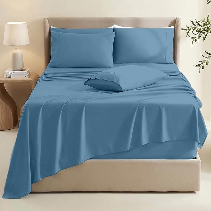 Hearth & Harbor Extra Deep Pocket King Size Sets - Fits Mattress 18-24 Inches Deep - Extra Deep Pocket Sheets - 6 Piece King Size - Blue Heaven