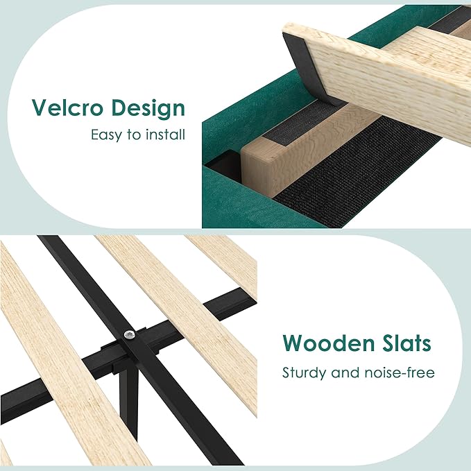 VECELO Twin Size Platform Bed Frame with Height Adjustable Upholstered Headboard, Modern Mattress Foundation,Strong Wood Slat Support, No Box Spring Needed, Easy Assembly, Dark Green