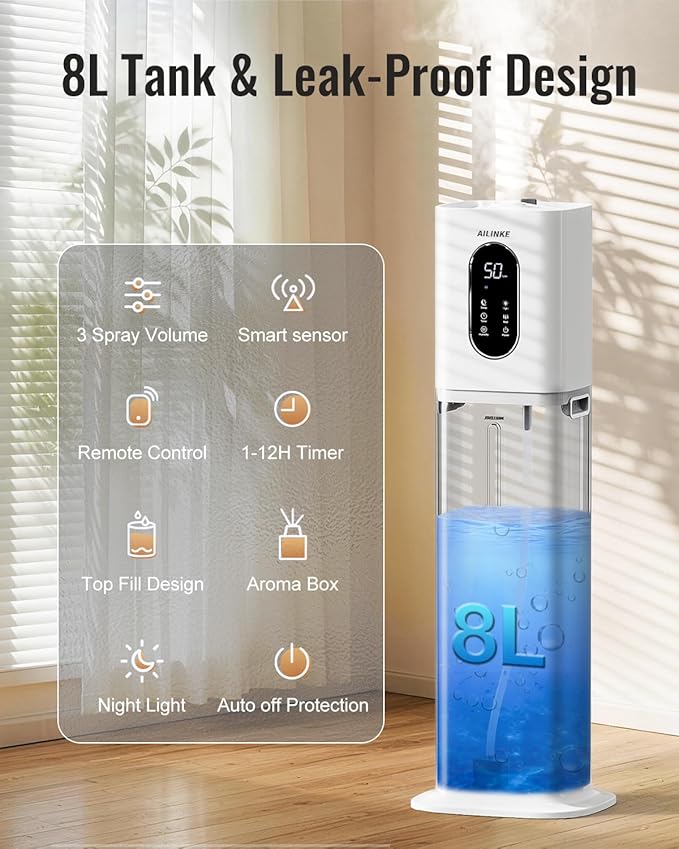 Humidifiers for Bedroom, 2.1Gal/8L Cool Mist Humidifier Large Room 500 sq ft, Humidifiers for Home with Essential Oil Diffuser, Light/Top Fill/Quiet Humidifier for Baby Nursery Office Plants, White