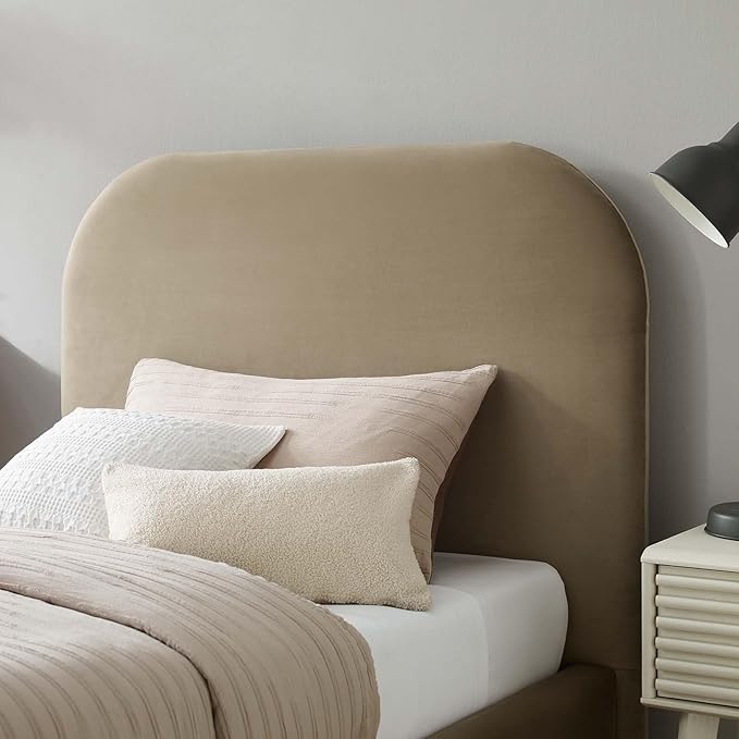 Modway Keynote Modern Bed Frame, Twin Size with Curve Shaped Headboard in Taupe, Performance Velvet