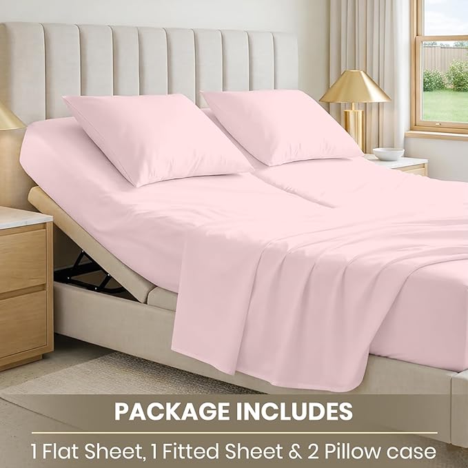 SGI bedding 34" Cal King Split Top Flex Head Sheet 100% Egyptian Cotton Sheet Set 1000 Thread Count Flex Top Sheet for Adjustable Bed 4Pc Sheet Set 15" Deep Pocket for Sleep Number Bed - Blush
