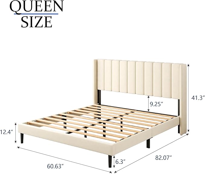 Gruwans Queen Size Bed Frame with Upholstered Wingback Headboard, Easy Assemnly Platform Bed, Wooden Slat Support No Box Spring Needed, Cream