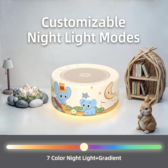 Kipcush White Noise Machine - Soft Non-Glare Nursery Lamp, 30 Soothing Sounds, 8 Color Lights, Max 8-Hour Timer for Baby & Adults (A Baby Elephant, Standard)