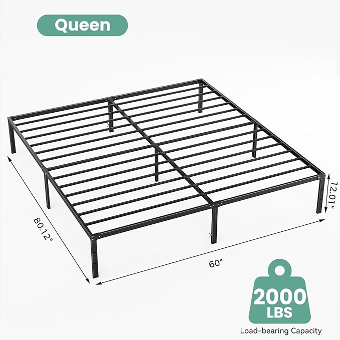 OLIXIS Queen Bed Frame, Heavy Duty Sturdy 12 Inch Metal Platform Bed Frames, Enhanced Stability & Noise-Free, Under-Bed Storage, No Box Spring Needed, Easy Assembly
