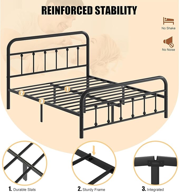 Shintenchi Queen Size Metal Platform Bed Frame with Headboard & Footboard, Steel Slat Mattress Foundation, Under Bed Storage, Noise-Free, No Box Spring Needed, Black Round