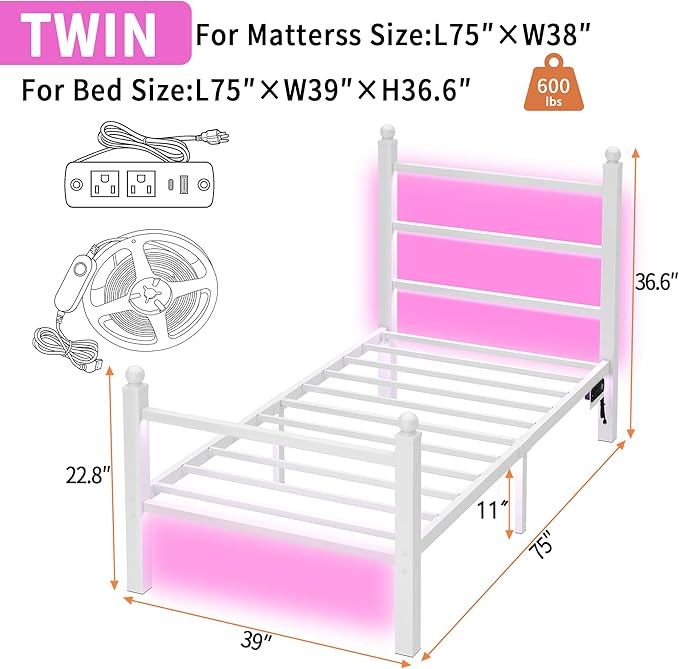 CLIBFENG Twin Bed Frame with Headboard and Footboard,Steel Slats Support-LED Bed Frame with USB Charging Station,Mattress Foundation-Under Bed Storage,No Box Spring Needed,Noise Free,White