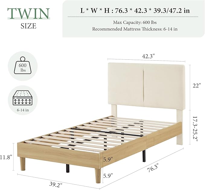 VECELO Twin Size Bed Frame Set of 2, Upholstered Platform with Height-Adjustable Cotton and Linen Headboard, Heavy Duty Wood Slats, Noise-Free, No Box Spring Needed, Easy Assembly, Beige