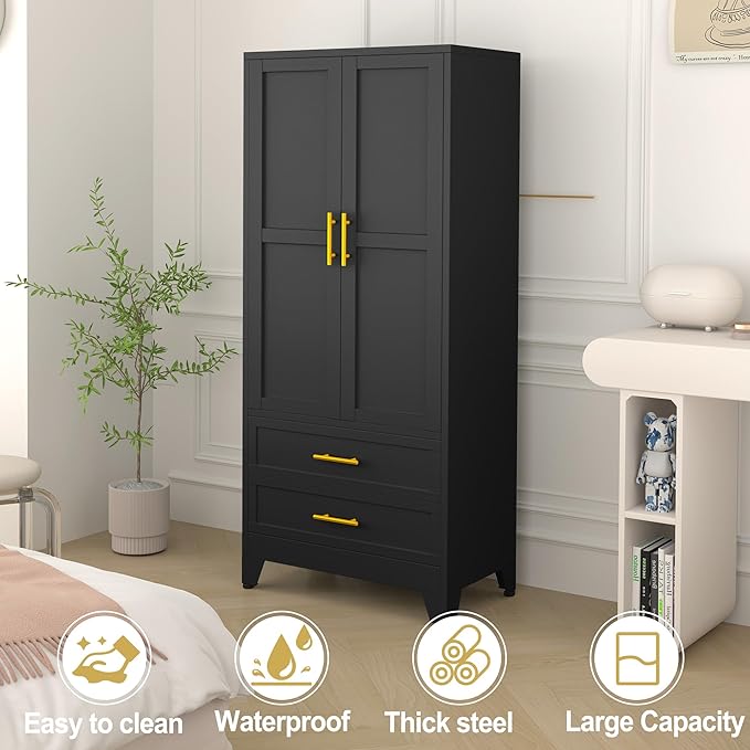 RIETERN Metal Armoire Wardrobe Closet, 71" Tall Bedroom Closet with 2 Drawers, Adjustable Shelves, and Hanging Rod, Steel Clothes Closets and Storage, for Bedroom Black