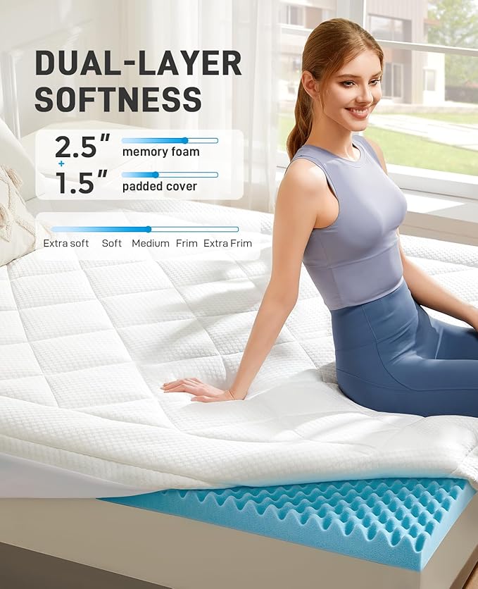 PERLECARE Twin XL Mattress Topper 4 Inch, Plush Support for College Dorm Room Essentials, 2.5 Inch Soft Cooling Gel Memory Foam Plus 1.5 Inch Pillow Top Cover